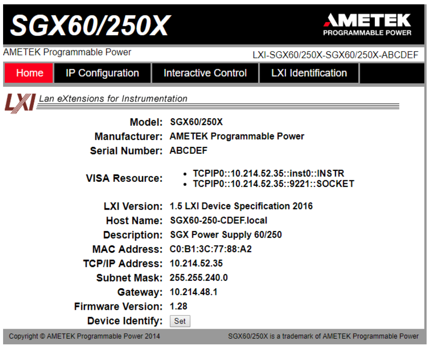 SGX Series Power Supply Ethernet Web page interface