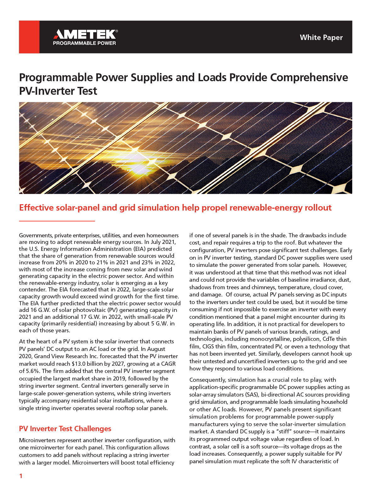 White Paper provides look at solar-power growth forecast and market for PV inverters.