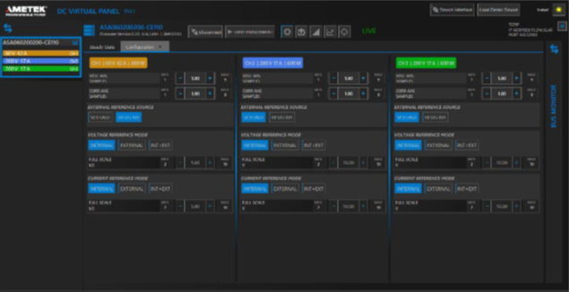The Virtual Panels GUI shows the status of an Asterion DC ASM supply.